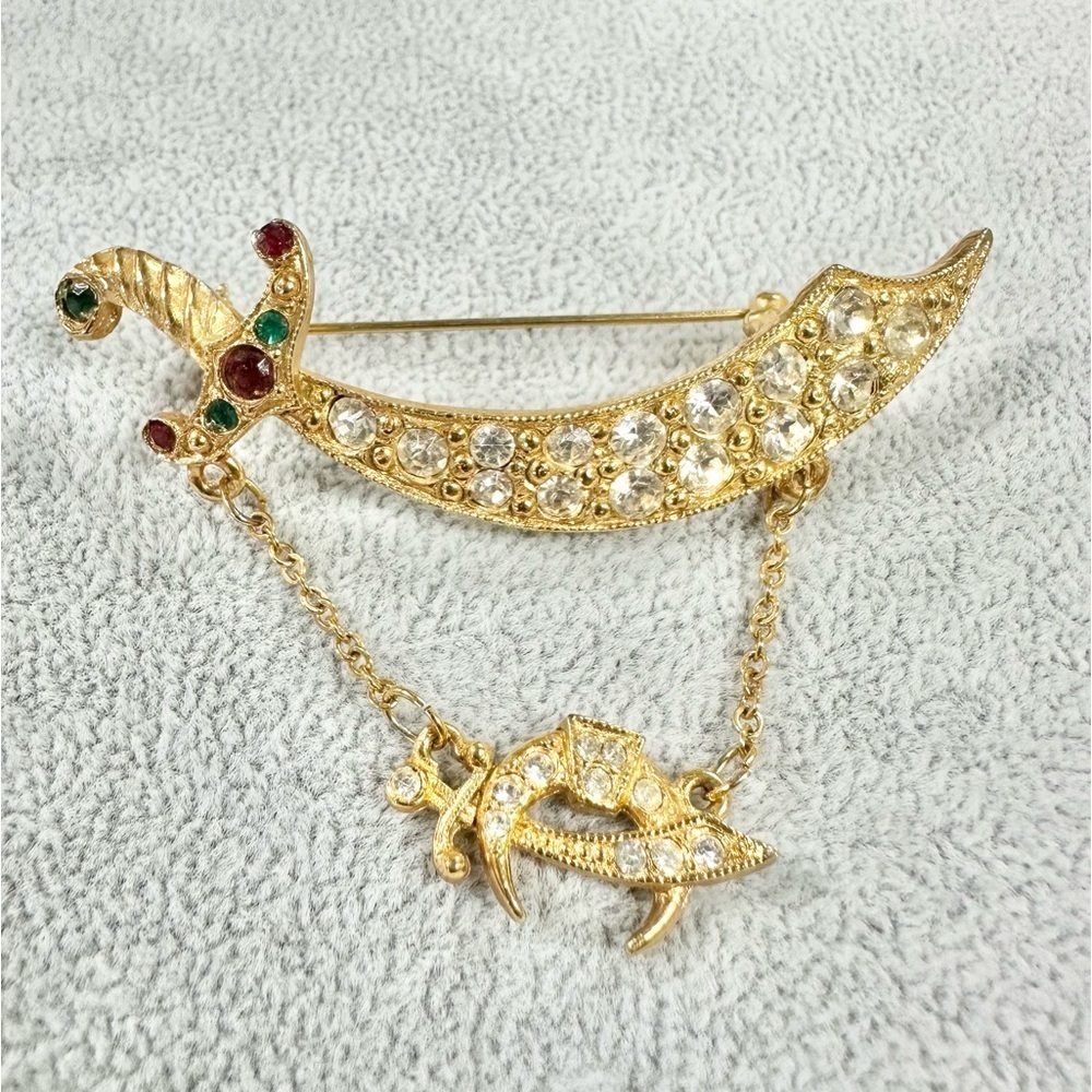 Vintage Signed ORA Gold Tone Rhinestone Sword And Dagger Crescent Moon Brooch